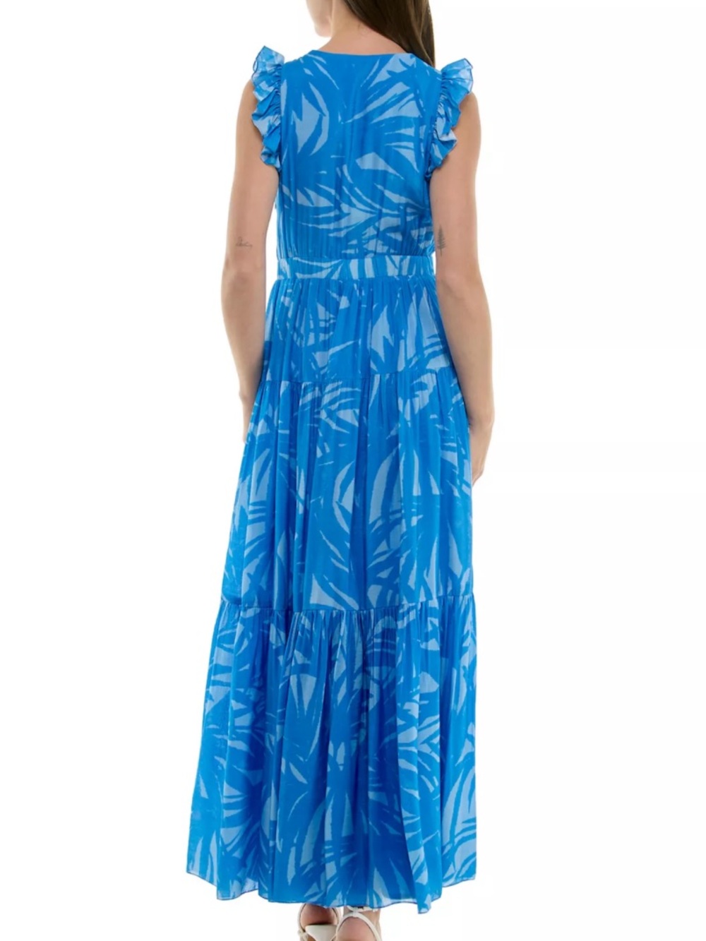 Taylor Blue Palm-Print Flutter Sleeve Tiered Maxi Dress - Picture 2 of 12